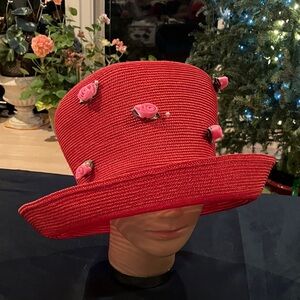 Chic Red Hat with Pink Rose Details